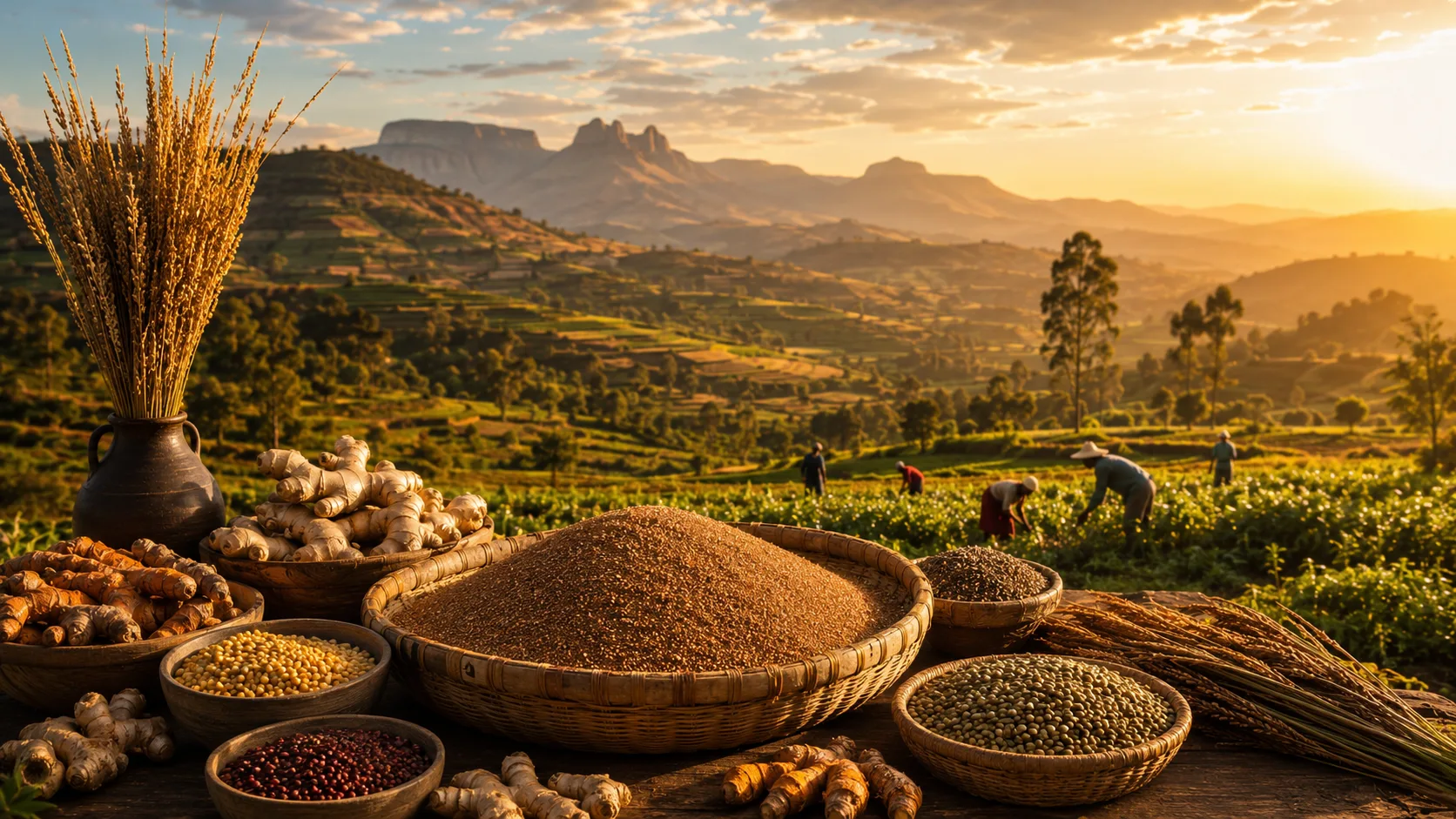 Golden light over terraced Ethiopian highland farmland, with baskets of teff, grains, and spices in the foreground.