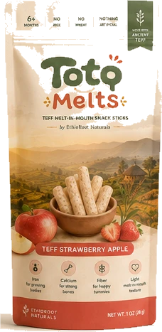 Toto Melts Teff Strawberry Apple pouch.